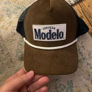 NWOT Cerveza Modelo Brown courdoroy trucker hat with navy Mesh and White Rope